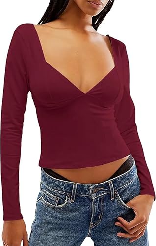 FOFAINWE Rückenfrei Langarmshirts Für Damen - Sexy Crop Oberteil Slim Passform Y2K Herzausschnitt Oberteil Einfarbig Frauen (Burgunderfarben, S) von FOFAINWE