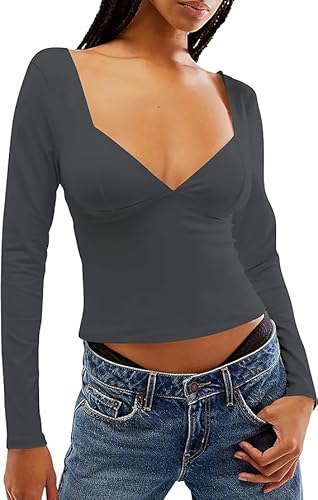 FOFAINWE Rückenfrei Langarmshirts Für Damen - Sexy Crop Oberteil Slim Passform Y2K Herzausschnitt Oberteil Einfarbig Frauen (Dunkelgrau, L) von FOFAINWE