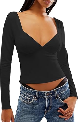 FOFAINWE Rückenfrei Langarmshirts Für Damen - Sexy Crop Oberteil Slim Passform Y2K Herzausschnitt Oberteil Einfarbig Frauen (Schwarz, M) von FOFAINWE