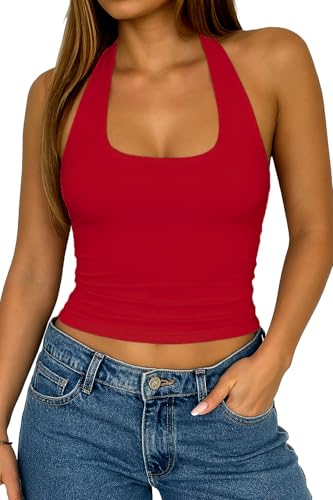 FOFAINWE Rückenfreie Halter Tops für Frauen - Sommer Ausgehen Tank Top Sexy 2025 Y2K Ärmellos (Rot,M) von FOFAINWE