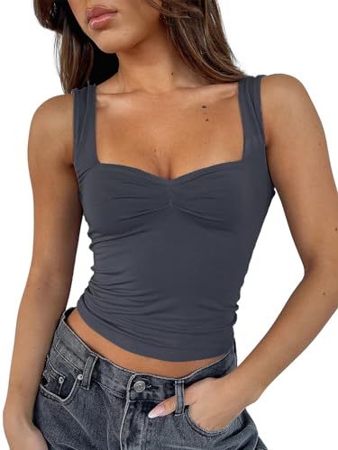 FOFAINWE Y2K Clothes Träger-Tops Für Damen - Plissee Bustier Sexy Rückenfrei Ausgehen Tops Ärmellos Cute Frauen Crop Skims Dupe (Dunkelgrau,M) von FOFAINWE