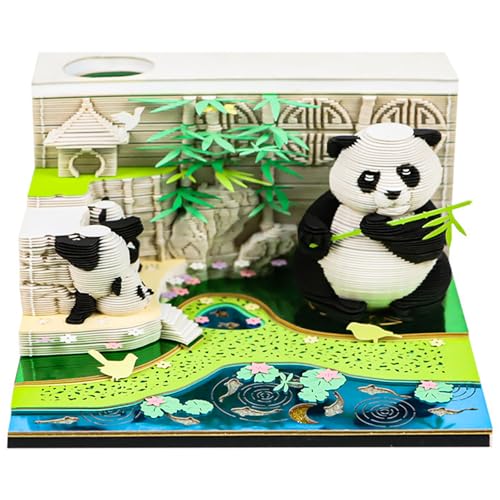 FOGARI 3D Kalender 2026 Abreißen,3D-Notizblock Tischkalender-Notizblock,Mit Beleuchtung und Stifthalter,Kreative 3D Papierskulptur mit Glasklarem Anzeigebox, DIY Desktop Ornament (Panda) von FOGARI
