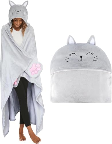 FOGARI Katze Decke mit Ärmeln und Kapuze Geschenke für Katzenliebhaber Kuscheldecke Flauschig Süße Blanket Hoodie Tragbare Decke Lustig Katzen Geschenke für Frauen Kinder zum Weihnachten von FOGARI