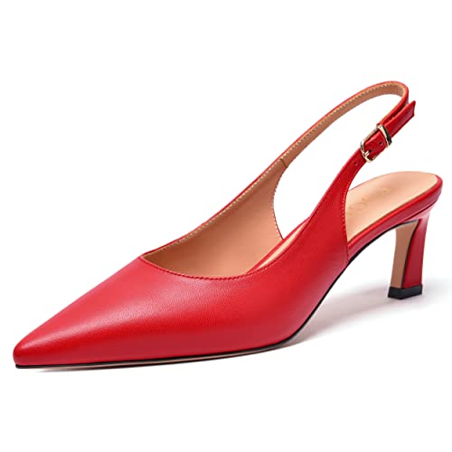 FOGEENA Damen-Pumps mit Schnalle, Brautmode, Knöchelriemen, solide spitzer Zehenbereich, mattes Kätzchenleder, niedriger Absatz, 5,1 cm, Rot/Ausflug, einfarbig (Getaway Solids), 37.5 EU von FOGEENA