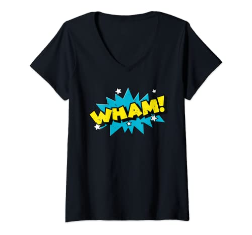 Damen WHAM ! Comic Book Cartoon Funny Pop Art T-Shirt mit V-Ausschnitt von FOKS. /// Comic Bubbles And Funny Nerd Pop Art