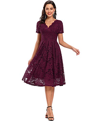 Women's Vintage Floral Lace Short Sleeve V Neck Cocktail Formal Swing Dress(L, F2) von FOKULUNDA