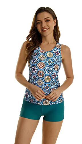 Womens Tankini Badeanzug Athletic Two Piece Tummy Control Badeanzüge mit Shorts Modest Tank Tops (S, F4) von FOKULUNDA