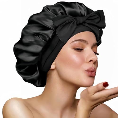 1 Stück Schlafmütze Satin Bonnet seidenhaube zum schlafen Nacht Schlaf Mütze Verstellbare Schlafkappe Kopfbedeckung Weiche Kopfhaube Schlafhaube Seide mit Gummizug für Damen und Mädchen(Schwarz) von FOLAI
