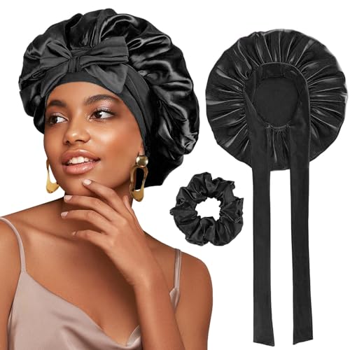 FOLAI 1 Stück Schlafmütze Satin Bonnet Nacht Schlaf Mütze Verstellbare Schlafkappe Kopfbedeckung Weiche Kopfhaube Schlafhaube Seide mit Gummizug für Damen und Mädchen（Schwarz） von FOLAI