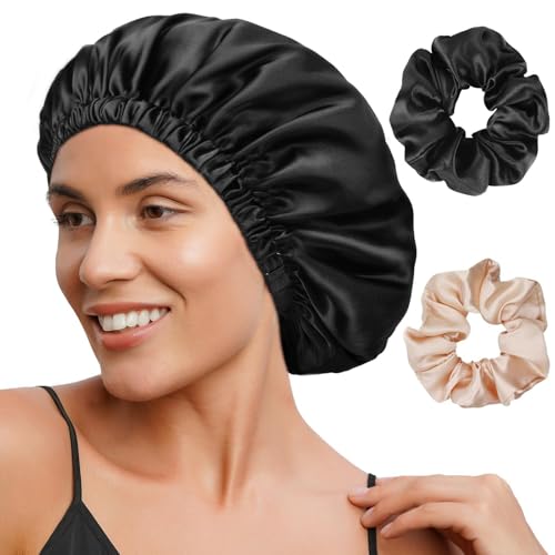 FOLAI 1 Stück Schlafmütze Satin Bonnet Nacht Schlaf Mütze Verstellbare Schlafkappe Kopfbedeckung Weiche Kopfhaube Schlafhaube Seide mit Gummizug für Damen und Mädchen（Schwarz） von FOLAI
