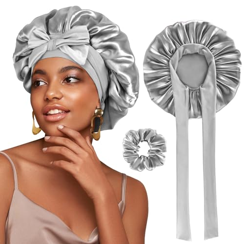FOLAI 1 Stück Schlafmütze Satin Bonnet seidenhaube zum schlafen Nacht Schlaf Mütze Verstellbare Schlafkappe Kopfbedeckung Weiche Kopfhaube Schlafhaube Seide mit Gummizug für Damen und Mädchen(Silber) von FOLAI