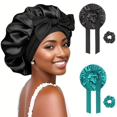 FOLAI 2 Stück Schlafmütze Satin Bonnet Nacht Schlaf Mütze Verstellbare Schlafkappe Kopfbedeckung Weiche Kopfhaube Schlafhaube Seide mit Gummizug für Damen und Mädchen（Schwarz+Grün）… von FOLAI