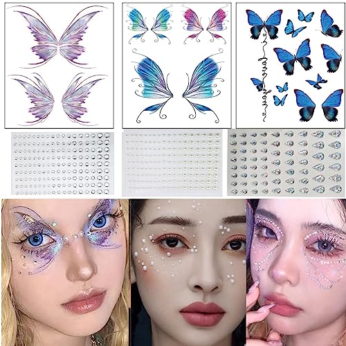 FOLANDO Glitzersteine Gesicht Festival 3 Blätter Tattoos Schmetterling & 3 Blätter Glitzerstein zum Aufkleben Selbstklebend Glitzer Temporäre Tattoo Augen Gesicht Sticker Fasching Party Make up von FOLANDO
