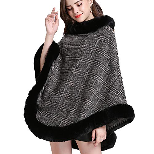 FOLOBE Damen Kunstpelz Pullover Poncho Oversize Cape Eleganter Wickelschal mit Kunstpelzkragen von FOLOBE
