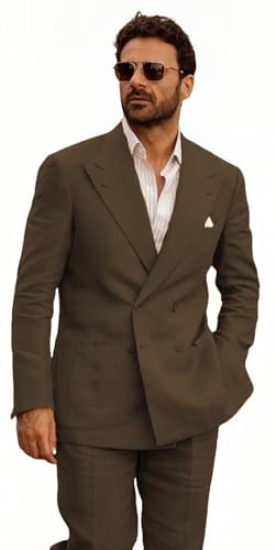 FOLOBE Herren-Leinenanzug, 2-teilig, zweireihig, Schirm, Revers, Sommer, leicht, atmungsaktiv, Hochzeit, formelle Blazer-Hose, braun, M von FOLOBE