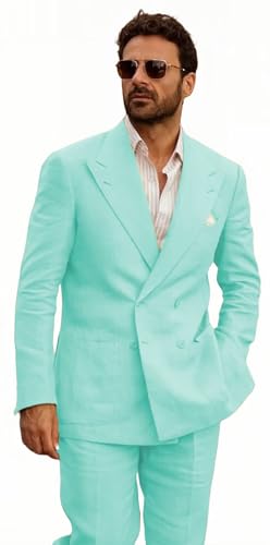 FOLOBE Herren-Leinenanzug, 2-teilig, zweireihig, Schirm, Revers, Sommer, leicht, atmungsaktiv, Hochzeit, formelle Blazer-Hose, mintgrün, 6XL von FOLOBE