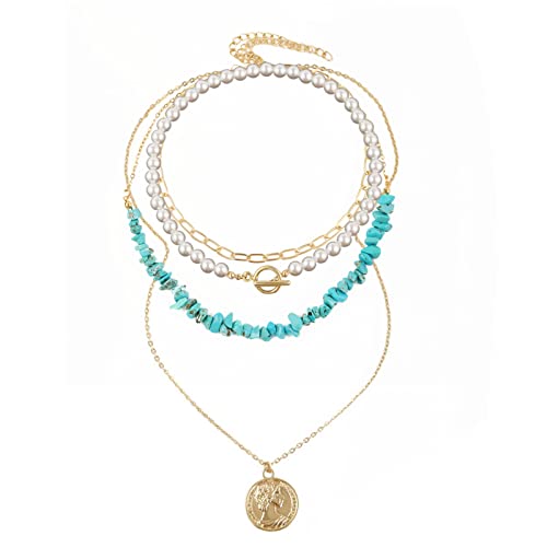 FOLODA Mode Roman Natures Stone Pearl Mehrschichtiger Anhänger Halskette Farbe Brudelstein Panel Halskette Schmuck Naturaler Anhänger von FOLODA