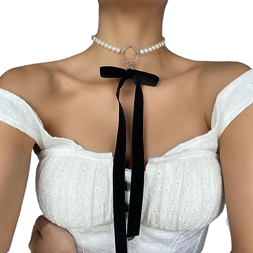 FOLODA Punk Breite Schwarze Velvets Ribbon Choker Bowknot Simulierte Perlenperlen Kragen Halskette Gothic Jewelry Neujahr Geschenke Schwarze Samt Halskette Kombination Bowknot Choker von FOLODA