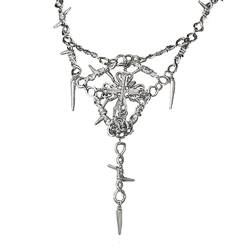 FOLODA Punk Stachel Draht Halskette Choker Kreuz Anhänger Choker Hip Hop Rock Schmuck Unisex Crucifix Schlüsselbeutel Kette Y2K Stacheldraht Dornen Metall von FOLODA