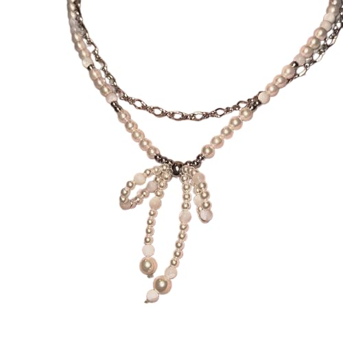 FOLODA Stylish Cross Anhänger Halskette Imitation Perle Bowknot Halskette Verstellbare Schlüsselbeinkette Für Partys Oder Hochzeiten Schmuck von FOLODA