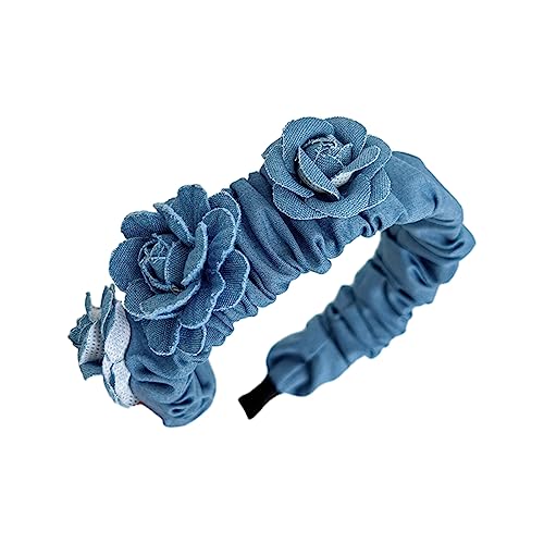 Plissiertes Stirnband für Damen mit Rose, gewaschenes Denim-Stirnband, rutschfeste Stirnbänder, süße Haarbänder, Yoga-Zubehör, Haarreifen für Frauen, süße Rose, Blume, dekorativer Haarreifen, von FOLODA