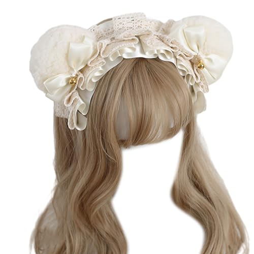 Spitze Bowknot Hairhoop Plüsch Bär Ohr Haarband Punk Kostüm Kopfschmuck Mädchen Weibliche Cosplay Party Requisiten Kopfschmuck Elegant Spitze Haar Zubehör von FOLODA