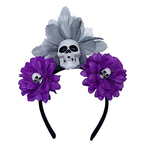 Zartes Kunstblumen- und Totenkopf-Haarband, dünnes Seitenhaarband, Kunstblumen-Haarband für Mädchen, Halloween-Haarband, Blumenstirnband, Halloween, Stirnbänder für Damen von FOLODA