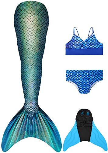 FOLOEO Mädchen Meerjungfrauenschwanz Zum Schwimmen mit Meerjungfrau Flosse- Prinzessin Cosplay Bademode für das Schwimmen mit Bikini Set und Monoflosse, 4 Stück Set, Mehrfarbig (MD24), 150 von FOLOEO