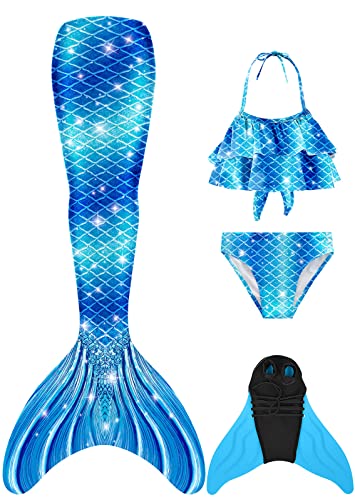 FOLOEO Meerjungfrauenflosse Mädchen Kinder Meerjungfrauenschwanz Zum Schwimmen mit Meerjungfrau Flosse und Bikini Set（4 Stück Set） von FOLOEO