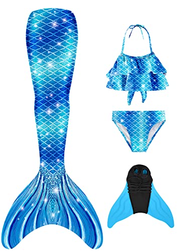 FOLOEO Mädchen Meerjungfrauenschwanz Zum Schwimmen mit Meerjungfrau Flosse- Prinzessin Cosplay Bademode für das Schwimmen mit Bikini Set und Monoflosse, 4 Stück Set, Mehrfarbig (MD36-CC), 130 von FOLOEO