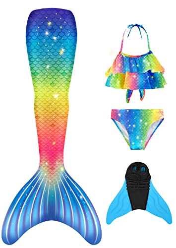 FOLOEO Mädchen Meerjungfrauenschwanz Zum Schwimmen mit Meerjungfrau Flosse- Prinzessin Cosplay Bademode für das Schwimmen mit Bikini Set und Monoflosse, 4 Stück Set, Mehrfarbig (MD37-CC), 140 von FOLOEO