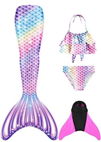 FOLOEO Meerjungfrauenflosse Mädchen Kinder Meerjungfrauenschwanz Zum Schwimmen mit Meerjungfrau Flosse und Bikini Set（4 Stück Set） von FOLOEO