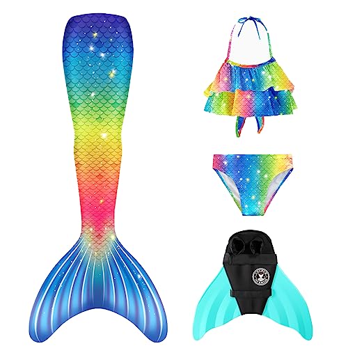 FOLOEO Meerjungfrauenflosse Mädchen Kinder Meerjungfrauenschwanz Zum Schwimmen mit Meerjungfrau Flosse und Bikini Set（4 Stück Set）, 150 von FOLOEO