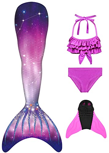 FOLOEO Meerjungfrauenflosse Mädchen Kinder Meerjungfrauenschwanz Zum Schwimmen mit Meerjungfrau Flosse und Bikini Set（4 Stück Set） von FOLOEO