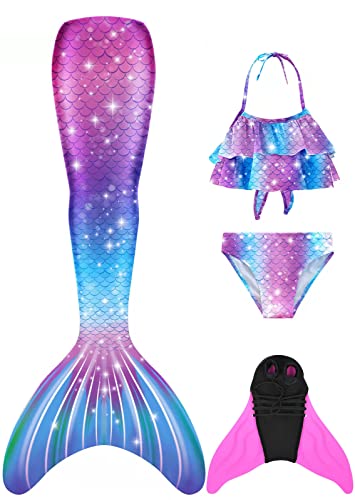 FOLOEO Meerjungfrauenflosse Mädchen Kinder Meerjungfrauenschwanz Zum Schwimmen mit Meerjungfrau Flosse und Bikini Set（4 Stück Set） von FOLOEO