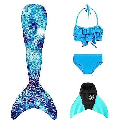 FOLOEO Meerjungfrauenflosse Mädchen Kinder Meerjungfrauenschwanz Zum Schwimmen mit Meerjungfrau Flosse und Bikini Set（4 Stück Set） von FOLOEO