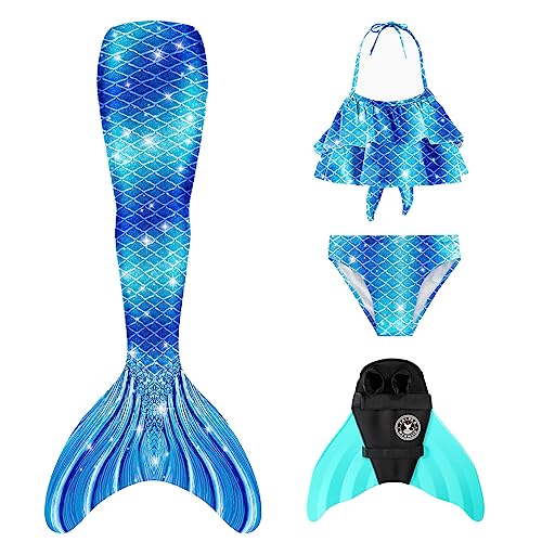 FOLOEO Meerjungfrauenflosse Mädchen Kinder Meerjungfrauenschwanz Zum Schwimmen mit Meerjungfrau Flosse und Bikini Set（4 Stück Set） von FOLOEO