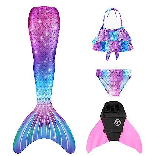 FOLOEO Meerjungfrauenflosse Mädchen Kinder Meerjungfrauenschwanz Zum Schwimmen mit Meerjungfrau Flosse und Bikini Set（4 Stück Set） von FOLOEO