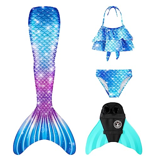 FOLOEO Meerjungfrauenflosse Mädchen Kinder Meerjungfrauenschwanz Zum Schwimmen mit Meerjungfrau Flosse und Bikini Set（4 Stück Set） von FOLOEO