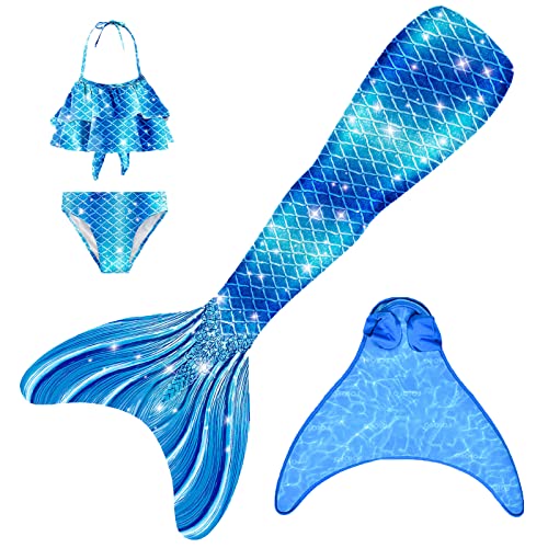 FOLOEO Meerjungfrauenflosse Mädchen Meerjungfrau Flosse Badeanzug Kinder zum Schwimmen mit Monoflosse und Bikini Set für Kinder, 4 Stück Set von FOLOEO