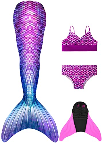 FOLOEO Meerjungfrauenflosse Mädchen Kinder Meerjungfrauenschwanz Zum Schwimmen mit Meerjungfrau Flosse und Bikini Set（4 Stück Set） von FOLOEO