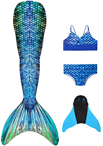 FOLOEO Meerjungfrauenflosse Mädchen Meerjungfrau Flosse für Kinder mit Bikini Set und Monoflosse, 4 Stück Set, Mehrfarbig (MD29-CC), 120 von FOLOEO