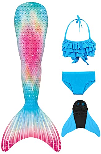 FOLOEO Meerjungfrauenflosse Mädchen Meerjungfrau Flosse für Kinder mit Bikini Set und Monoflosse, 4 Stück Set von FOLOEO