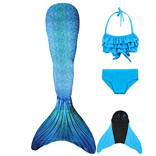 FOLOEO Mädchen Meerjungfrauenschwanz Zum Schwimmen mit Meerjungfrau Flosse- Prinzessin Cosplay Bademode für das Schwimmen mit Bikini Set und Monoflosse, 4 Stück Set, Mehrfarbig (GN08), 120 von FOLOEO