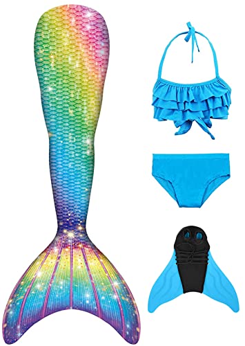 FOLOEO Meerjungfrauenflosse Mädchen Meerjungfrau Flosse für Kinder mit Bikini Set und Monoflosse, 4 Stück Set von FOLOEO