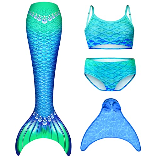 FOLOEO Meerjungfrauenflosse Mädchen Meerjungfrau Flosse mit Bikini Set und Monoflosse für Kinders,4 Stück Set von FOLOEO