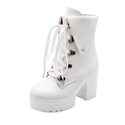 FOLOPOBO Damen Mode Schnüren Knöchel Stiefel Höhe Ferse Plateau Stiefeletten Nieten Reiten Stiefel Party Stiefel White-Ronli Size 38 Asiatisch von FOLOPOBO