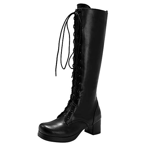 FOLOPOBO Damen Süß Langschaft Stiefel Schnüren Mid Heel Lolita Knee Stiefel Cute Runde Zehen Langschaft Stiefel Black Große 47 Asiatisch von FOLOPOBO