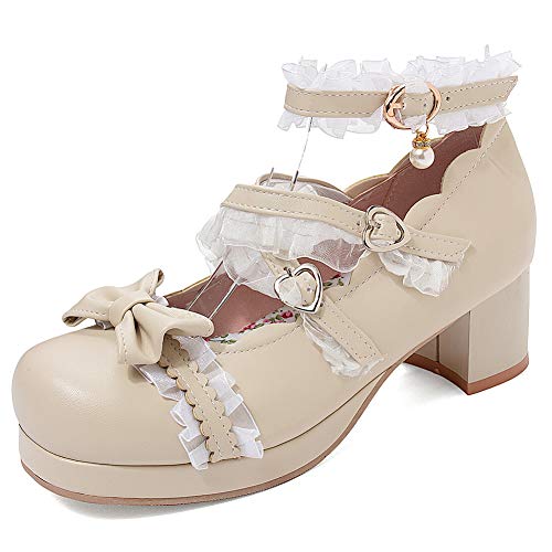 FOLOPOBO Damen Süss Lolita Schuhe mit Bogen Lolita Schuhe mit Spitze Blockabsatz Pumps Knöchelriemchen Cosplay Kleid Schuhe Uniform Plateau Beige Mini Size 39 Asian von FOLOPOBO