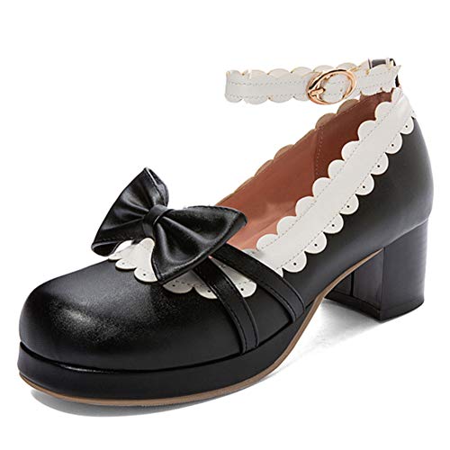 FOLOPOBO Damen Süss Lolita Schuhe mit Bogen Lolita Schuhe mit Spitze Blockabsatz Pumps Knöchelriemchen Cosplay Kleid Schuhe Uniform Plateau Black Mini Size 34 Asian von FOLOPOBO